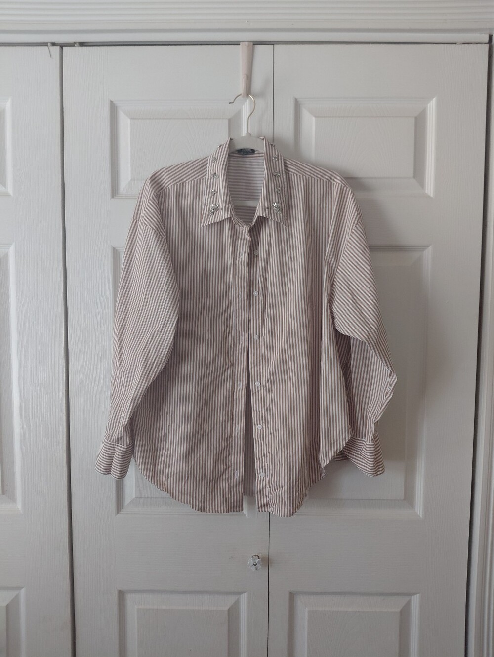 Womens Striped Button-Up Shirt in Light Brown